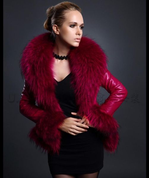 

women's fur & faux coat raccoon fluffy neckline elegant ladies' warm clothes autumn and winter thick leather jacket, Black