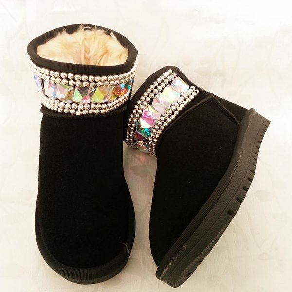 

boots winter women sheep fur bows diamond snow waterproof sheepskin, Black