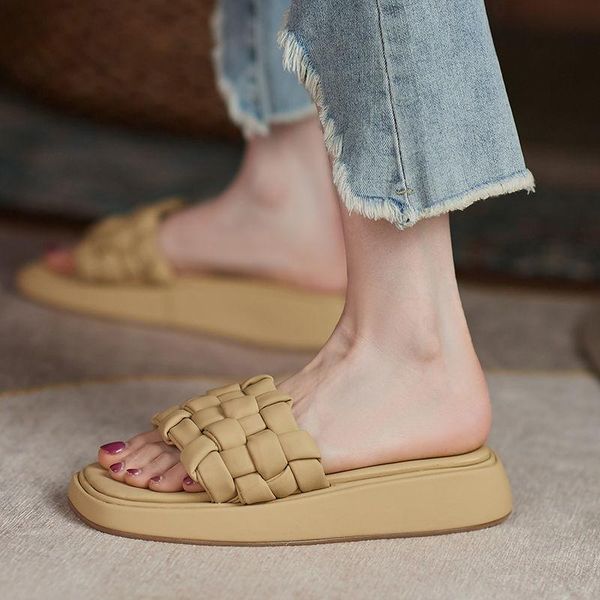 

slippers pu leather weaving beach woman 2021 casual open toe flat flip flops women summer outdoor slides, Black