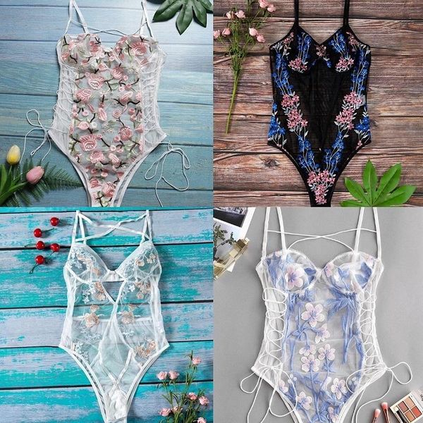 

women's jumpsuits & rompers women super chic crossing ribbons embroidered bodysuit see through lace floral, Black;white