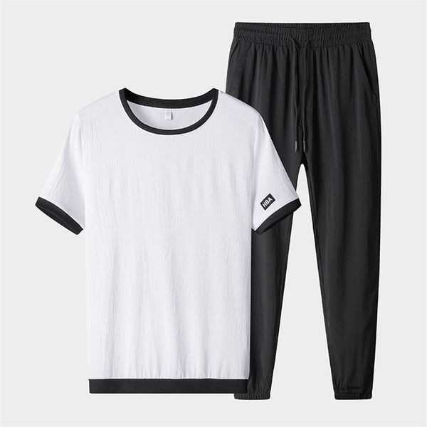 

big size summer tracksuit men sportswear short sleeve t-shirts+pants 2 pieces men's sets jogging sweat suits 6xl 7xl 8xl 210722, Gray