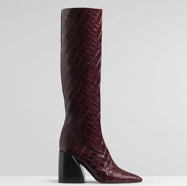 

boots charm2021 style thick heel pointed crocodile embossed high sleeve for europe america in autumn and winter, Black