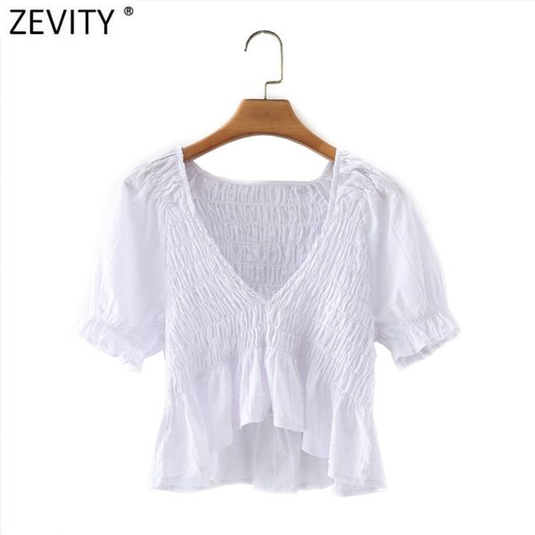 

french style women v neck elastic hem ruffles short smock blouse female puff sleeve white shirt chic blusas ls9156 210420
