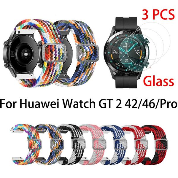 

watch bands bracelets for huawei gt 2 46mm & 42mm pro band adjustable braided elastic strap 3pcs glass protectors 20/22mm, Black;brown