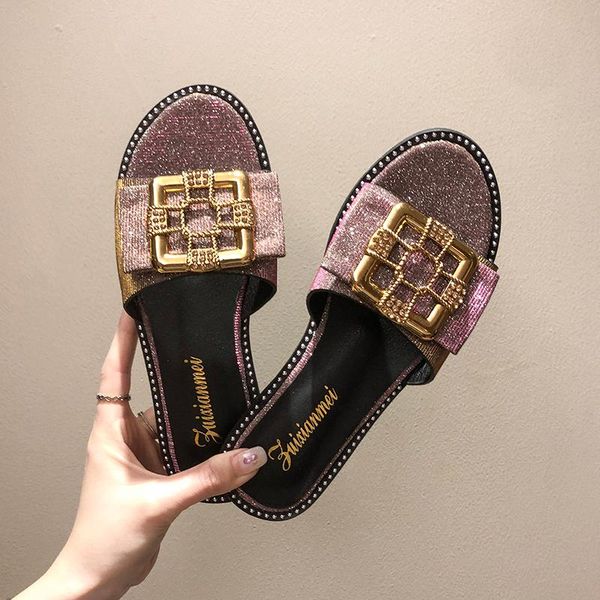 

slippers female outside fashion 2021 student flat bottom one word korean cross button, Black