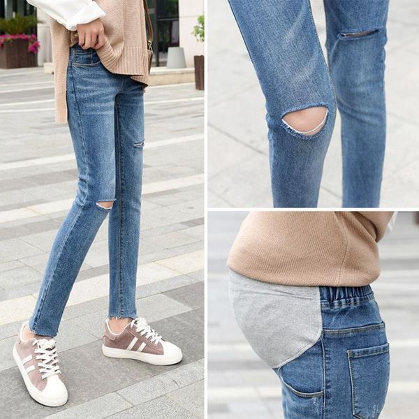 

maternity bottoms pregnant women's stretch jeans autumn korean version of the abdomen wear holes outside thin tide mother pants, White