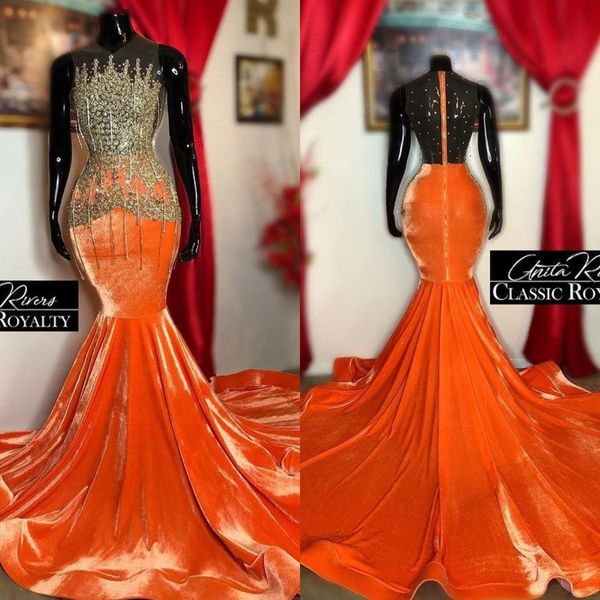 Longa laranja sereia vestidos de baile 2021 frisado cristal africano plus size mulheres festa formal vestidos de noite