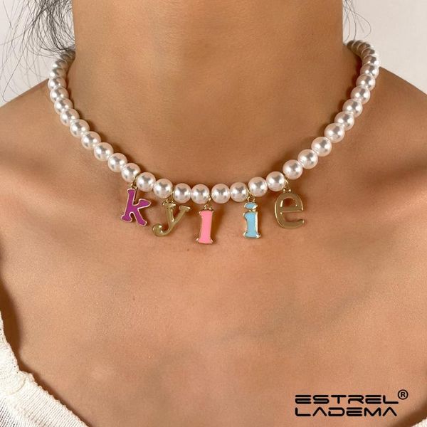 

chains korean cute colorful letter pearl clavicle chain necklace for women girls fashion handmade beaded choker necklaces party jewelry, Silver