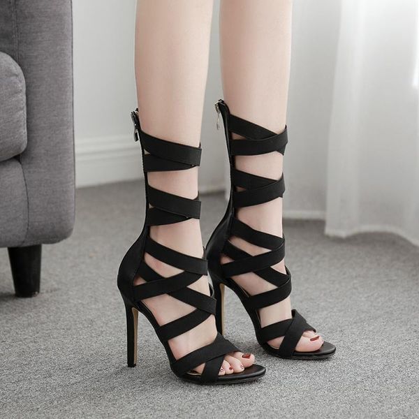 

woman black cross strap high heel sandal hollow roman style sandals