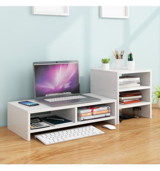 

hooks & rails monitor stand riser 2-tiers wooden storage deskcomputer