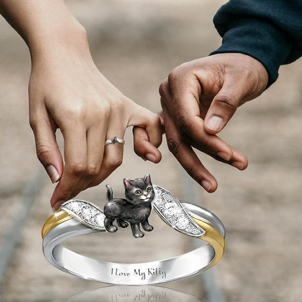 

new design fashion cute cat ring animal wedding engagement party jewelry size 6-10 ladies jewelry gift rings for women, Slivery;golden