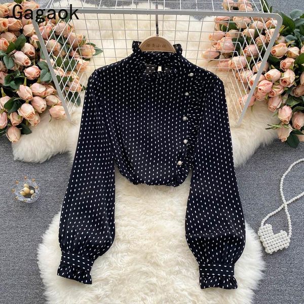 

women's blouses & shirts gagaok blusas de mujer 2021 summer o-neck button vintage polka dot women loose fashion korean chic wild, White