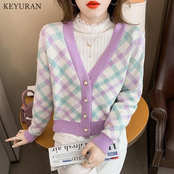 

women's knits & tees loose argyle cardigan sweater women korean japanese kawaii v-neck long sleeve knitted sweaters jacket female knitw, White