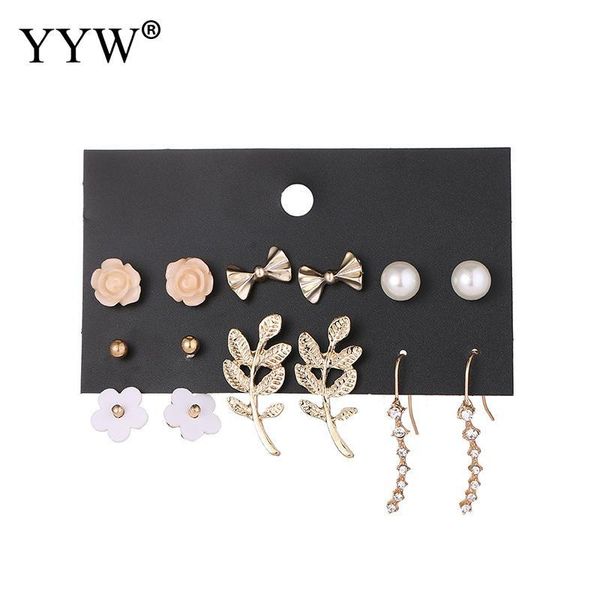 

stud yyw 6pairs/lot resin flower plastic pearl earrings vintage earring set for women wedding jewelry oorbellen boucle d'oreille, Golden;silver
