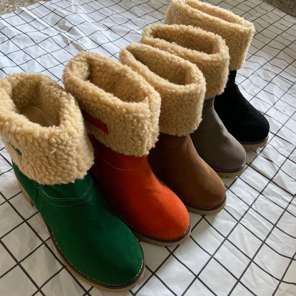 

boots women winter snow warm 5cm high heels sheep fur felt russia woman block low plush ankle booties chunky shoes, Black