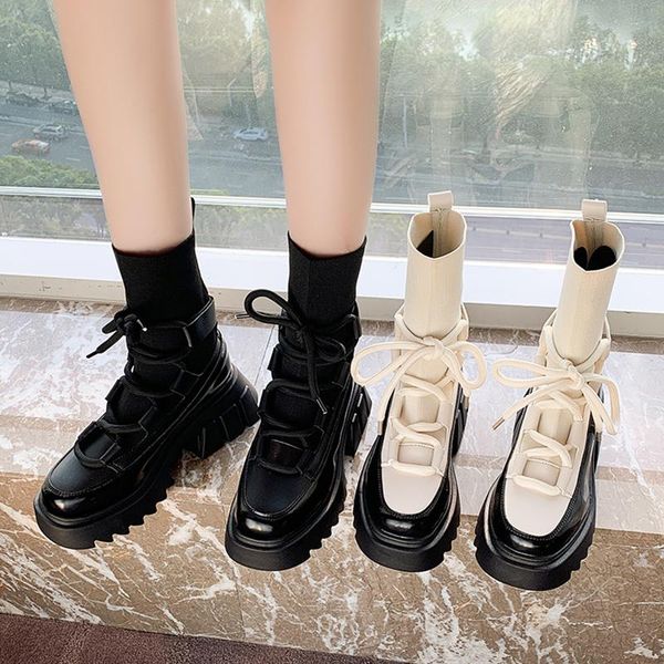 

boots woman 2021 ladies casual stretch fabric socks fashion cross-tied women shoes platform gothic, Black