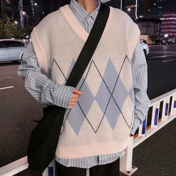 

sweater vest men patchwork v-neck sleeveless sweaters chic preppy style side-slit couples teens waistcoat retro men's vests, Black;white