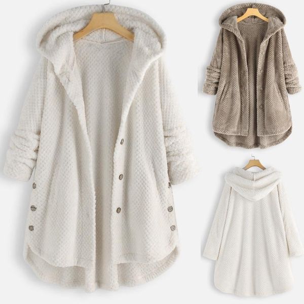 

women's wool & blends in stock female outerwear plus size women fleece irregular long sleeve button pocket hooded coat winter clothing, Black