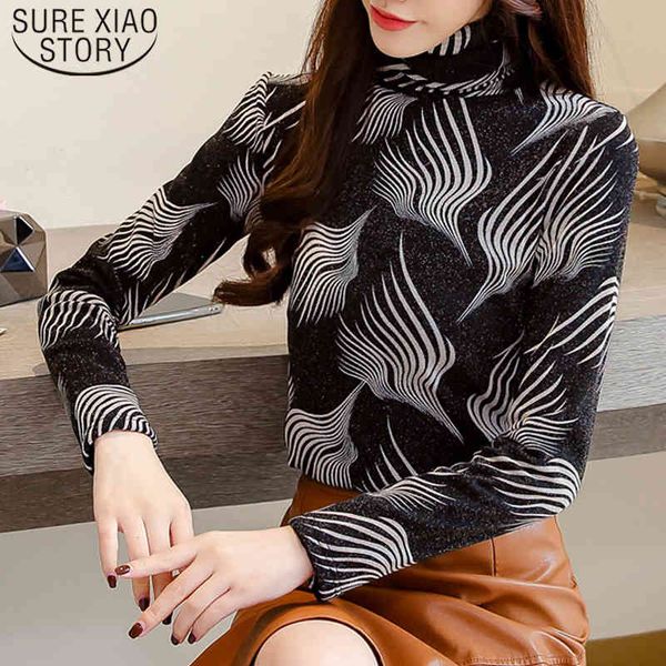 

autumn fashion winter warm long sleeve korean women blouse and print turtleneck ladies plus velvet shirts 7720 50 210510, White