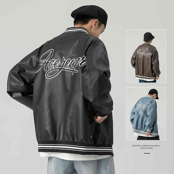 

men's leather & faux leather jacket printed in fashionable print clothes with hip hop collar streetwear harajuku k4s8, Black