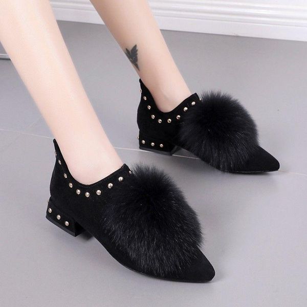 

dress shoes rivets plus velvet low-heeled winter thick plush women autumn single 2021 heel pointed fashion, Black
