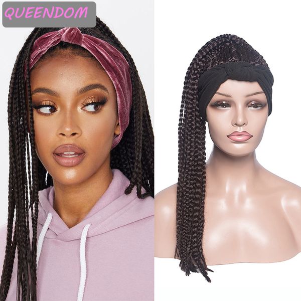 

long box braided head band wig for black women 22 inch golden braids synthetic headwrap wigs heat resistant cosplay turban wig