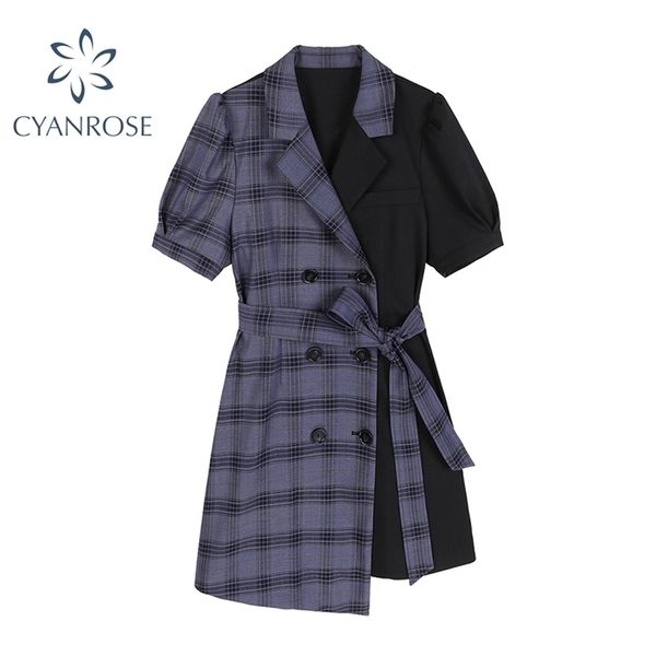 

suit dresses women summer french style elegant office work patchwork plaid vestidos female vintage party club dress 210515, Black;gray