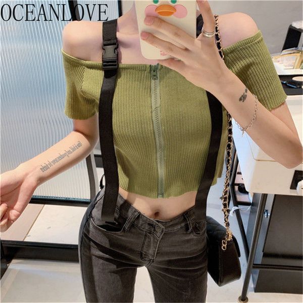 

solid t shirt women off shoulder spring summer ins t-shirt short sleeve knitted ropa mujer 14912 210415, White
