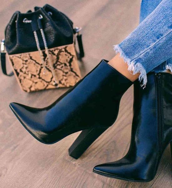 

boots plus size 35 to 42 black pu leather chunky heel pointed ankle booties designer winter