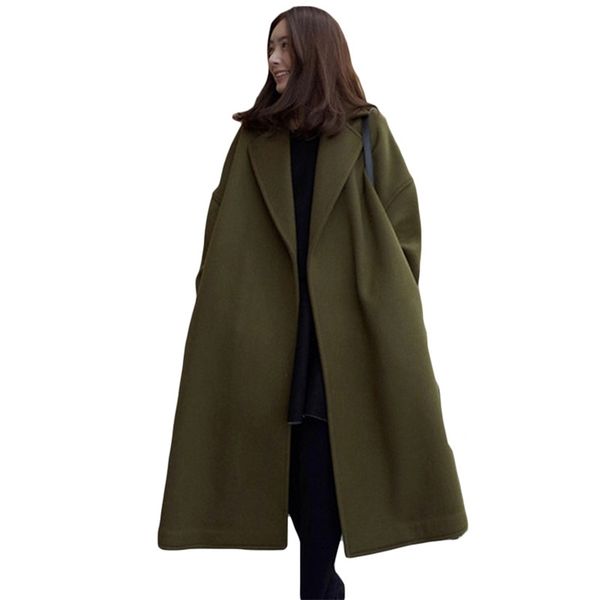 

loose winter plus size fashion women casual warm oversize long trench coat solid woolen coat wool coat woman's womens 211130, Black