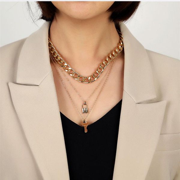 

chains vintage bohemian multilayer ladies necklace for women gold chain key lock pendant long fashion jewelry trends, Silver