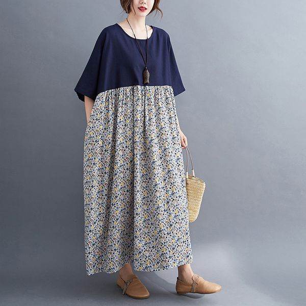 

johnature women patchwork color korean style dresses o-neck half sleeve autumn cotton blend casual female loose dresses 210521, Black;gray