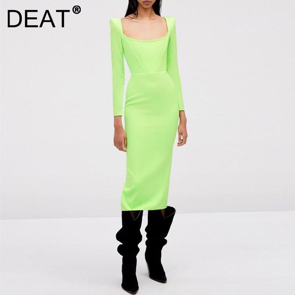 

casual dresses [deat] 2021 autumn fashion tide square collar high waist long sleeve solid color temperament dress women 13z1004, Black;gray