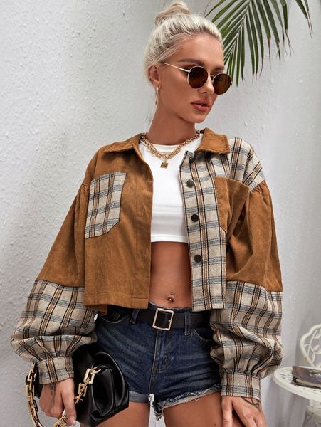 

tartan panel corduroy crop shacket g4z7#, Black;brown