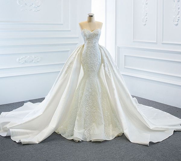 

2022 bridel gown new arrivals 2 pieces pearls lace mermaid wedding dress with detachable chapel train vestido de noiva sereia 2 em 1 robe de, White