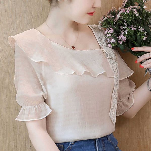 

blouses woman summer blouse short sleeve blouse women ruffles chiffon blouse shirt slash neck off shoulder blusas d36 210602, White