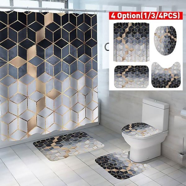 

waterproof 3d geometric lattice design bathroom curtain shower curtains set bath room anti-skid rugs toilet lid cover mat