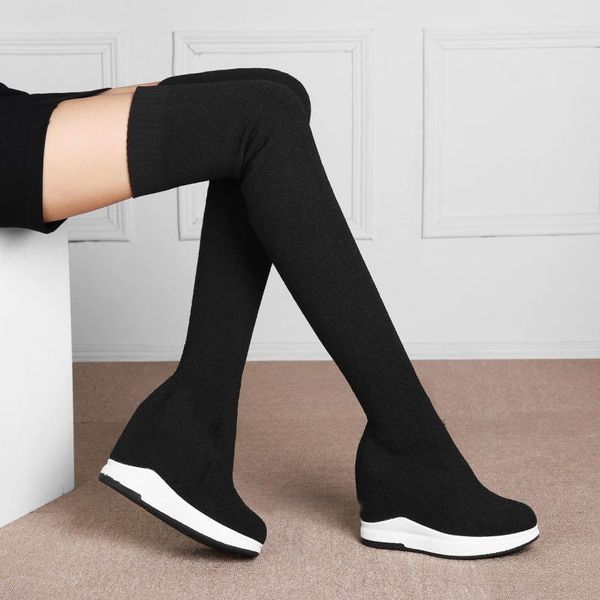 

boots autumn and winter leather black inner heightening leisure slope heel shoes korean fashion versatile elastic women's