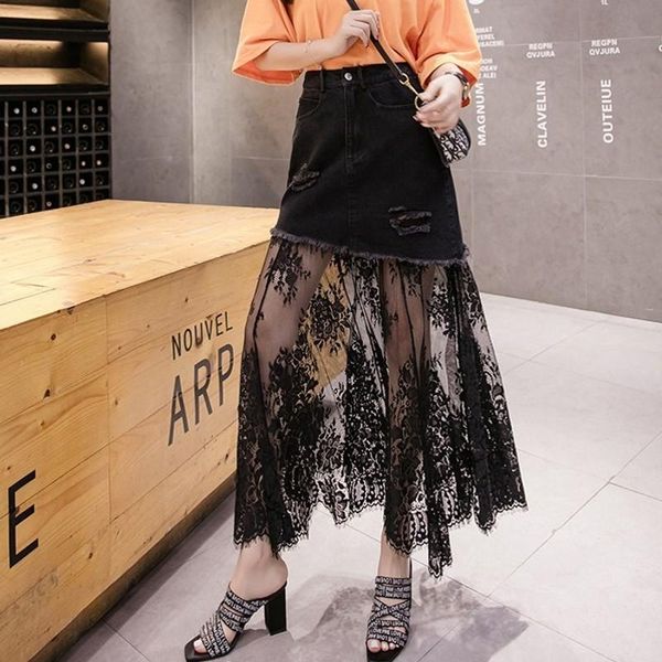 

skirts design womens summer fashion lace patchwork denim high waist hole ripped female slim fit wrap long plus size, Black