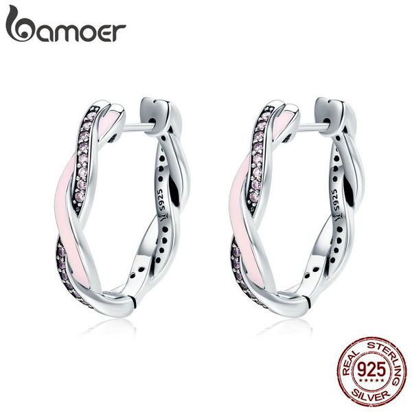 

hoop & huggie bamoer authentic 100% 925 sterling silver pink clear cz twist of fate earrings for women fashion jewelry sce297, Golden;silver