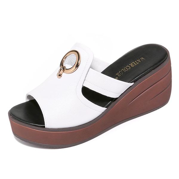

slippers open-toed wedge slippers, metal decorative one-line women's shoes, platform shoes, Black