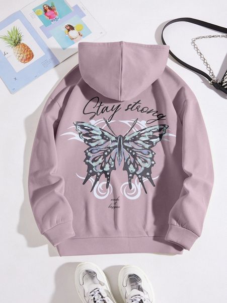 

butterfly & slogan graphic drawstring thermal hoodie r9xk#, White;black
