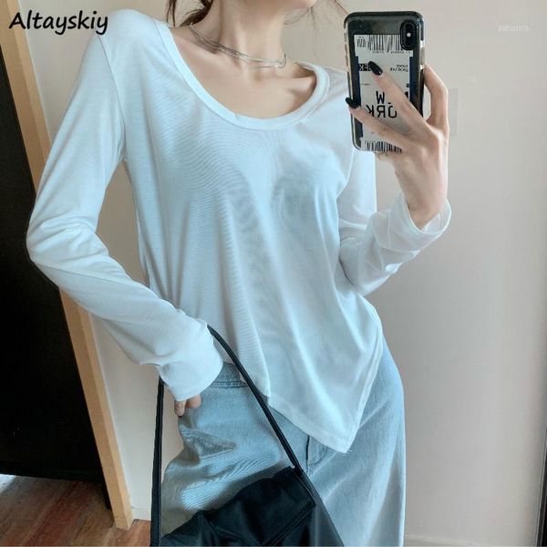

women's t-shirt asymmetrical long sleeve t-shirts women solid o-neck design side-slit all-match basic female ulzzang spring fashion ts, White