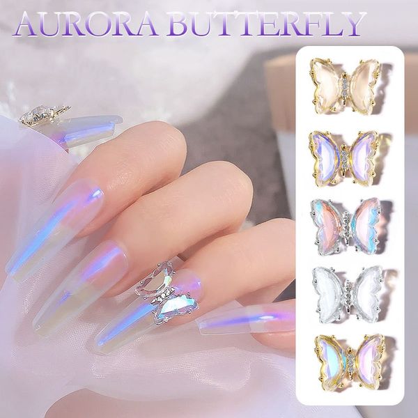 Borboleta joia unhas acessórios gelo penetrante aurora metal nail art tridimensional cristal borboletas manicure broca