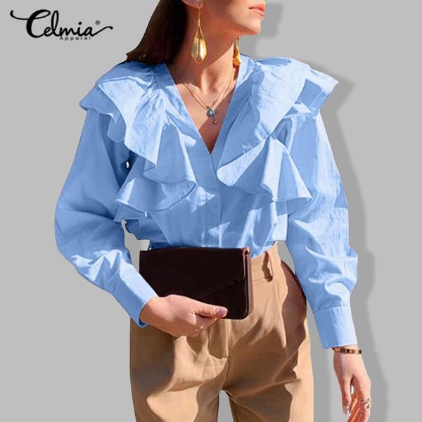 

women's blouses & shirts 2021 spring celmia long sleeve casual office tunic solid color party elegant ruffles boluse women v-neck blus, White