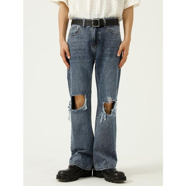 

men's jeans baggy straight leg ripped for man fashion loose high streetwear men mid-waist pants hole boyfriend trousers, Blue