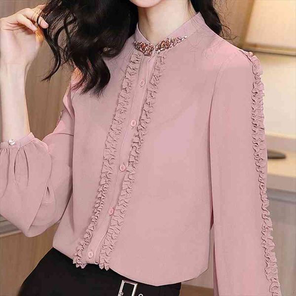 

long sleeve pink chiffon womens blouses blusas mujer de beading stand collar blusa e187, White