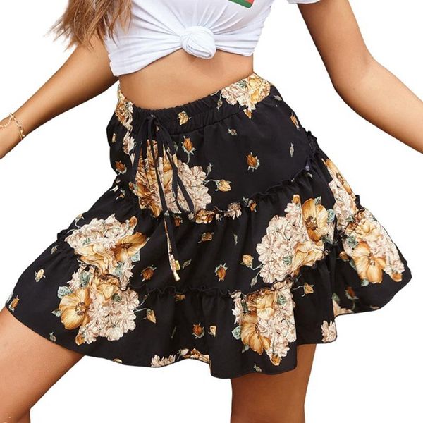 

skirts women summer floral print pleated mini skirt elegant high waist short beach holidays casual boho black s