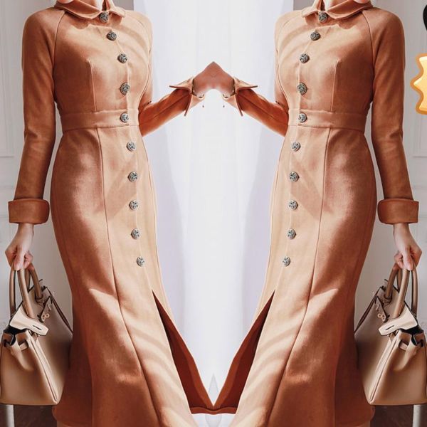 

casual dresses winter outfi autumn dress lapel single-breasted suede slim long womens clothes, Black;gray