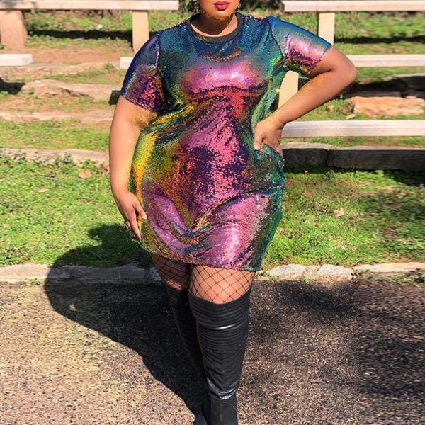 

casual dresses 4xl 5xl plus size fashion women sequined dress 2021 shinny pullovers short sleeve mini length evening night club vestidos, Black;gray